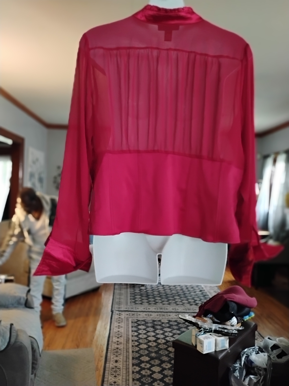 Ashley Stewart Ruffle-Front Sheer Blouse in Deep Red - Picture 11 of 14